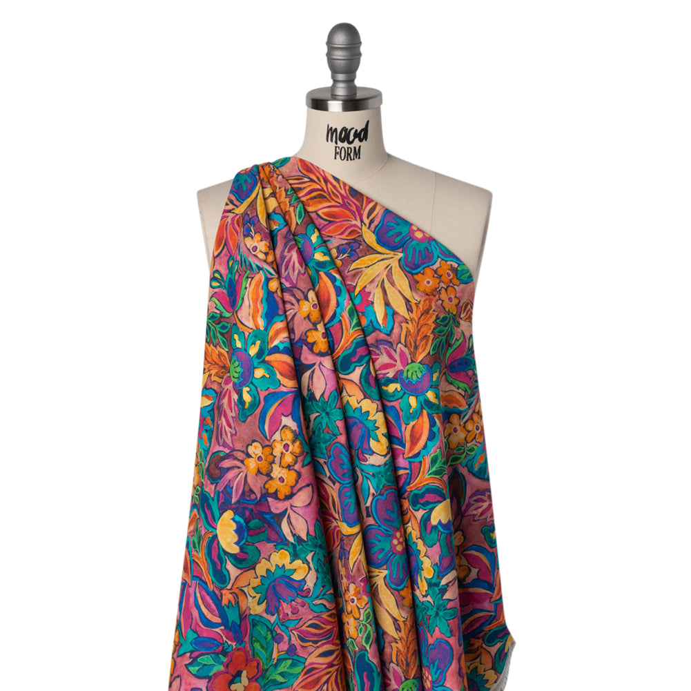 Linen and Rayon Woven - Hot Pink, Orange and Ultramarine Blue Bold Flowers - Mood Exclusive Electric Eden Print - Drape Linen and Rayon Woven - Hot Pink, Orange and Ultramarine Blue Bold Flowers - Mood Exclusive Electric Eden Print - Drape