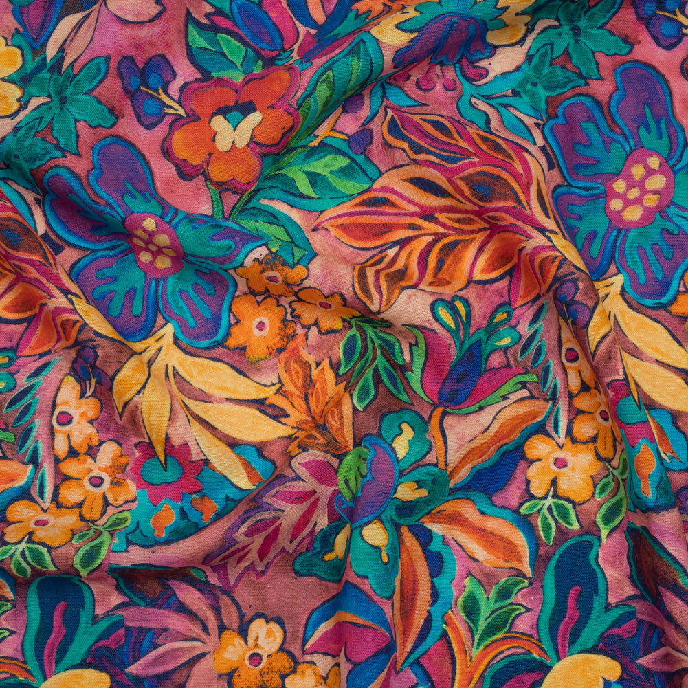 Linen and Rayon Woven - Hot Pink, Orange and Ultramarine Blue Bold Flowers - Mood Exclusive Electric Eden Print Linen and Rayon Woven - Hot Pink, Orange and Ultramarine Blue Bold Flowers - Mood Exclusive Electric Eden Print