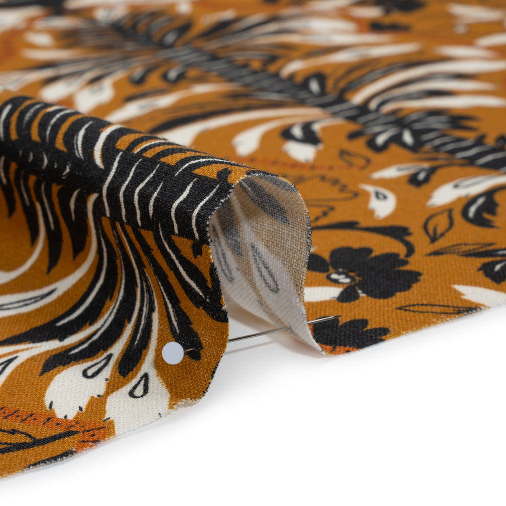 Linen and Rayon Woven - Burnt Orange, Black and White Palm Tree Stripes - Mood Exclusive Palm Prestige Print Linen and Rayon Woven - Burnt Orange, Black and White Palm Tree Stripes - Mood Exclusive Palm Prestige Print