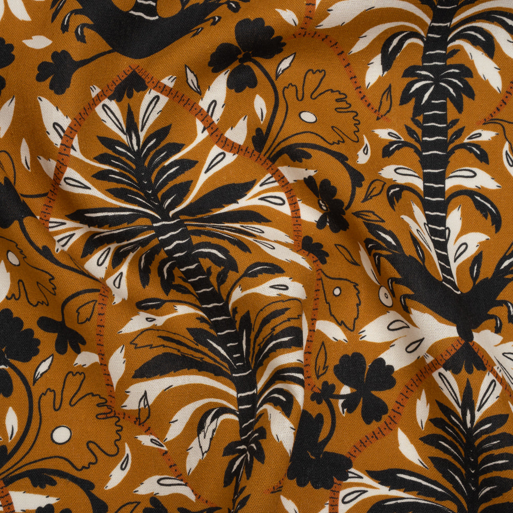 Linen and Rayon Woven - Burnt Orange, Black and White Palm Tree Stripes - Mood Exclusive Palm Prestige Print Linen and Rayon Woven - Burnt Orange, Black and White Palm Tree Stripes - Mood Exclusive Palm Prestige Print