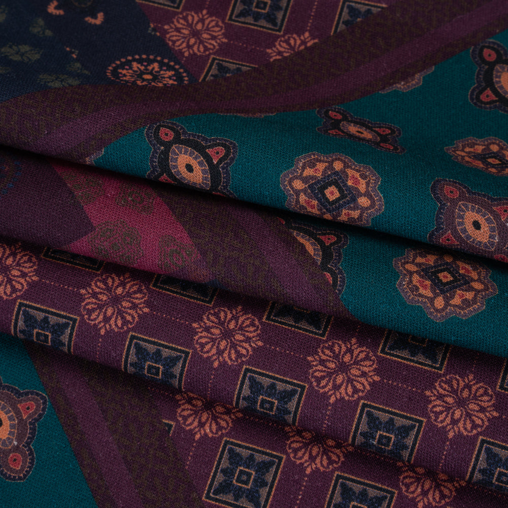 Linen and Rayon Woven - Teal, Navy and Plum Medallion Patchwork - Mood Exclusive Sultan’s Splendor Print - Folded Linen and Rayon Woven - Teal, Navy and Plum Medallion Patchwork - Mood Exclusive Sultan’s Splendor Print - Folded