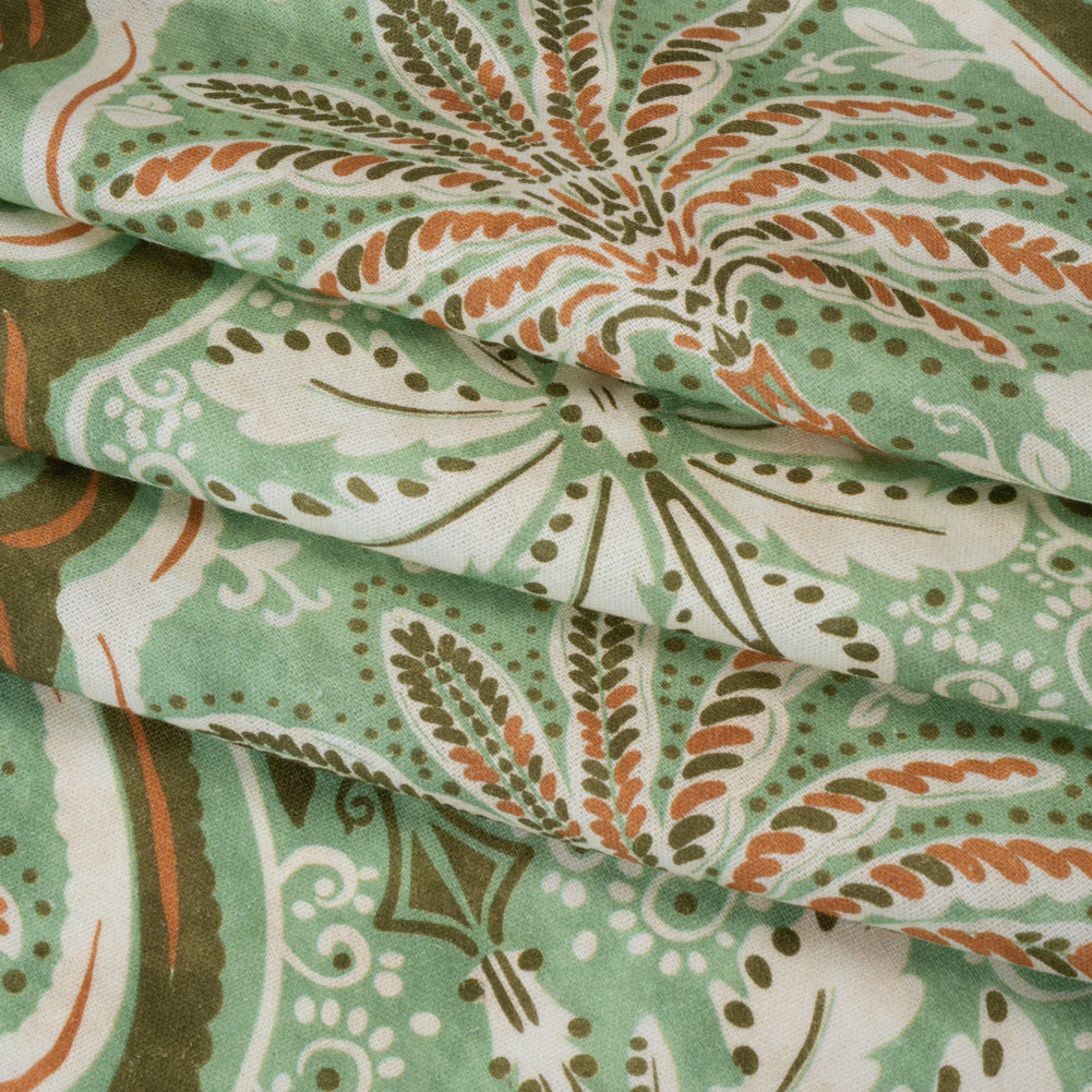 Linen and Rayon Woven - Seafoam, Olive and Burnt Orange Fanciful Palm Ogees - Mood Exclusive Frond Flow Print - Folded Linen and Rayon Woven - Seafoam, Olive and Burnt Orange Fanciful Palm Ogees - Mood Exclusive Frond Flow Print - Folded