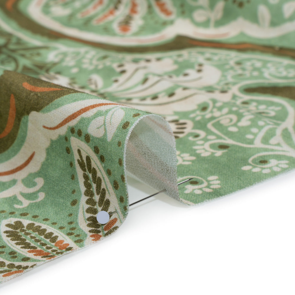 Linen and Rayon Woven - Seafoam, Olive and Burnt Orange Fanciful Palm Ogees - Mood Exclusive Frond Flow Print - Detail Linen and Rayon Woven - Seafoam, Olive and Burnt Orange Fanciful Palm Ogees - Mood Exclusive Frond Flow Print - Detail
