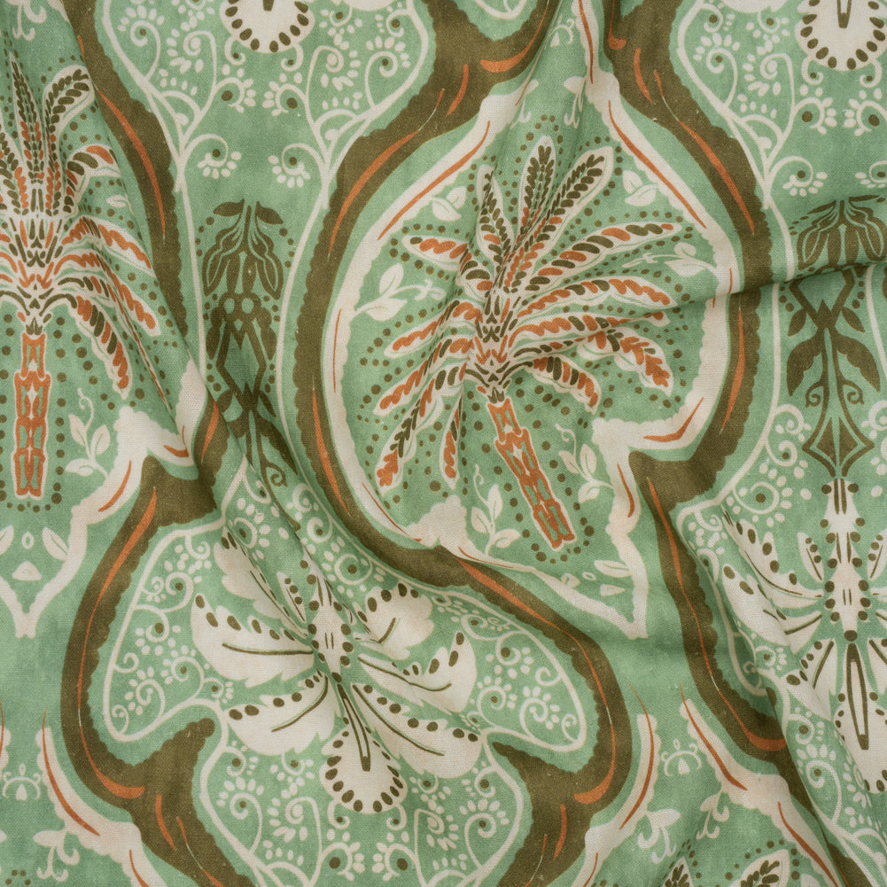 Linen and Rayon Woven - Seafoam, Olive and Burnt Orange Fanciful Palm Ogees - Mood Exclusive Frond Flow Print Linen and Rayon Woven - Seafoam, Olive and Burnt Orange Fanciful Palm Ogees - Mood Exclusive Frond Flow Print