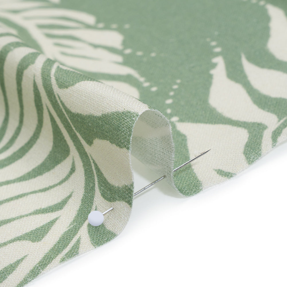 Linen and Rayon Woven - Celadon Green and Cream Flowing Vines - Mood Exclusive Twining Tendrils Print Detail Linen and Rayon Woven - Celadon Green and Cream Flowing Vines - Mood Exclusive Twining Tendrils Print Detail