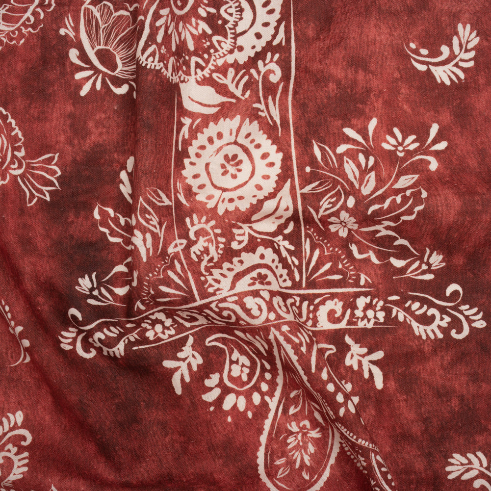 Linen and Rayon Woven - Dark Red and White Paisley and Frames - Mood Exclusive Arabesque Allure Print Linen and Rayon Woven - Dark Red and White Paisley and Frames - Mood Exclusive Arabesque Allure Print