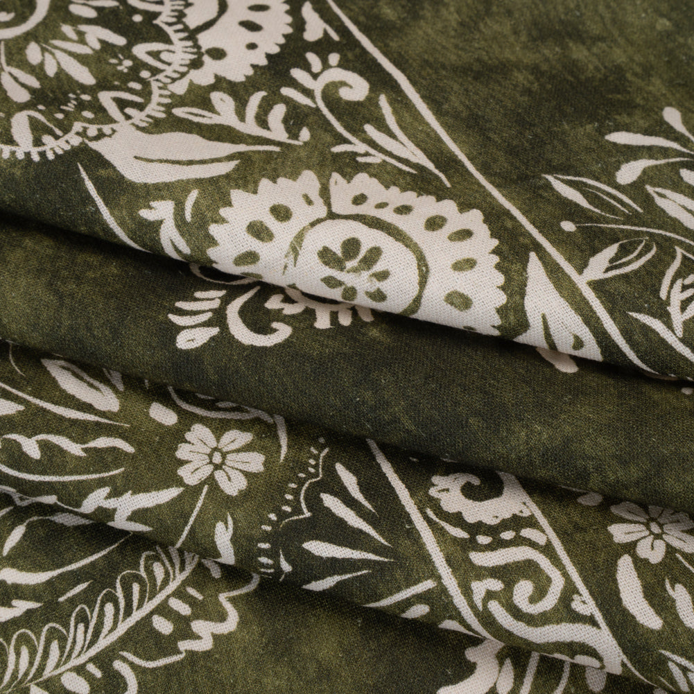 Linen and Rayon Woven - Forest Green and White Paisley and Frames - Mood Exclusive Arabesque Allure Print Linen and Rayon Woven - Forest Green and White Paisley and Frames - Mood Exclusive Arabesque Allure Print