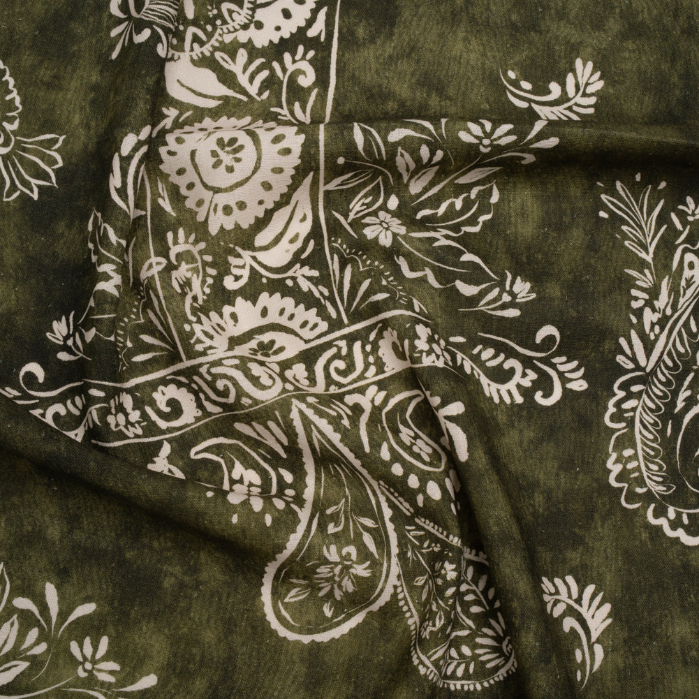 Linen and Rayon Woven - Forest Green and White Paisley and Frames - Mood Exclusive Arabesque Allure Print Linen and Rayon Woven - Forest Green and White Paisley and Frames - Mood Exclusive Arabesque Allure Print