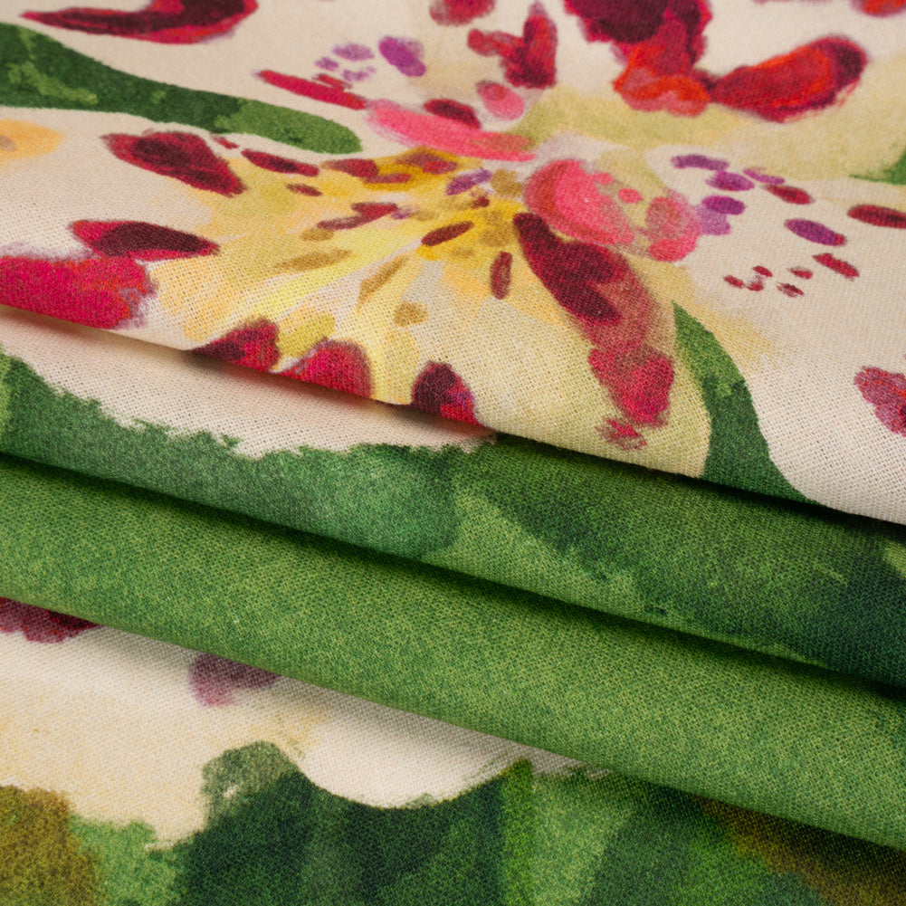 Linen and Rayon Woven - Green, Cream and Magenta Painterly Lilies - Mood Exclusive Petal Poesy Print Folded Linen and Rayon Woven - Green, Cream and Magenta Painterly Lilies - Mood Exclusive Petal Poesy Print Folded