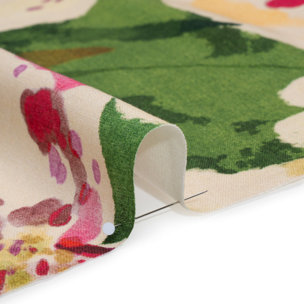 Linen and Rayon Woven - Green, Cream and Magenta Painterly Lilies - Mood Exclusive Petal Poesy Print Detail Linen and Rayon Woven - Green, Cream and Magenta Painterly Lilies - Mood Exclusive Petal Poesy Print Detail