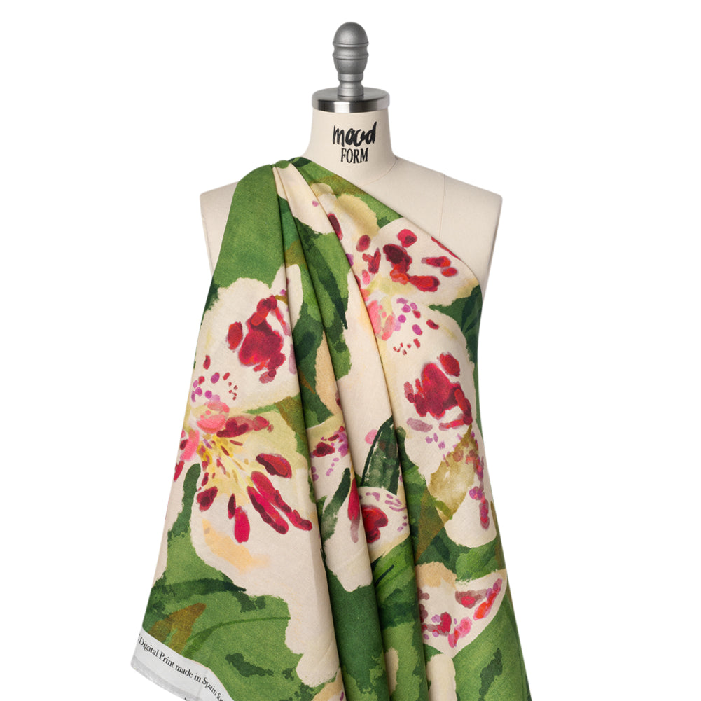 Linen and Rayon Woven - Green, Cream and Magenta Painterly Lilies - Mood Exclusive Petal Poesy Print Drape Linen and Rayon Woven - Green, Cream and Magenta Painterly Lilies - Mood Exclusive Petal Poesy Print Drape