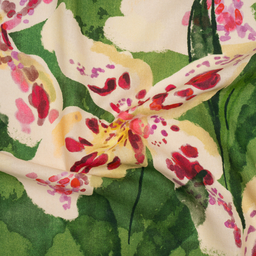 Linen and Rayon Woven - Green, Cream and Magenta Painterly Lilies - Mood Exclusive Petal Poesy Print Linen and Rayon Woven - Green, Cream and Magenta Painterly Lilies - Mood Exclusive Petal Poesy Print