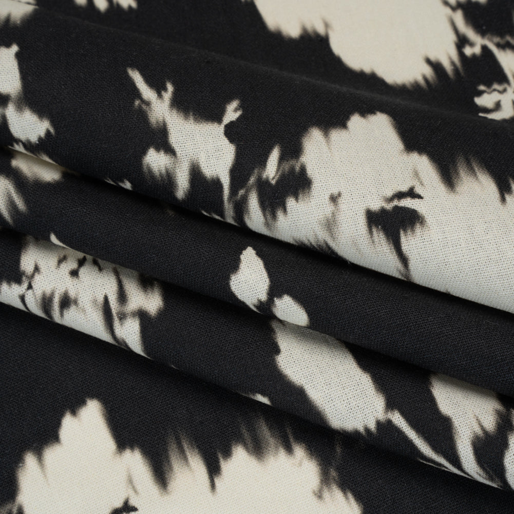 Linen and Rayon Woven - Black and Off White Ikat-Like Floral Silhouettes - Mood Exclusive Dahlia Daydreams Print Linen and Rayon Woven - Black and Off White Ikat-Like Floral Silhouettes - Mood Exclusive Dahlia Daydreams Print