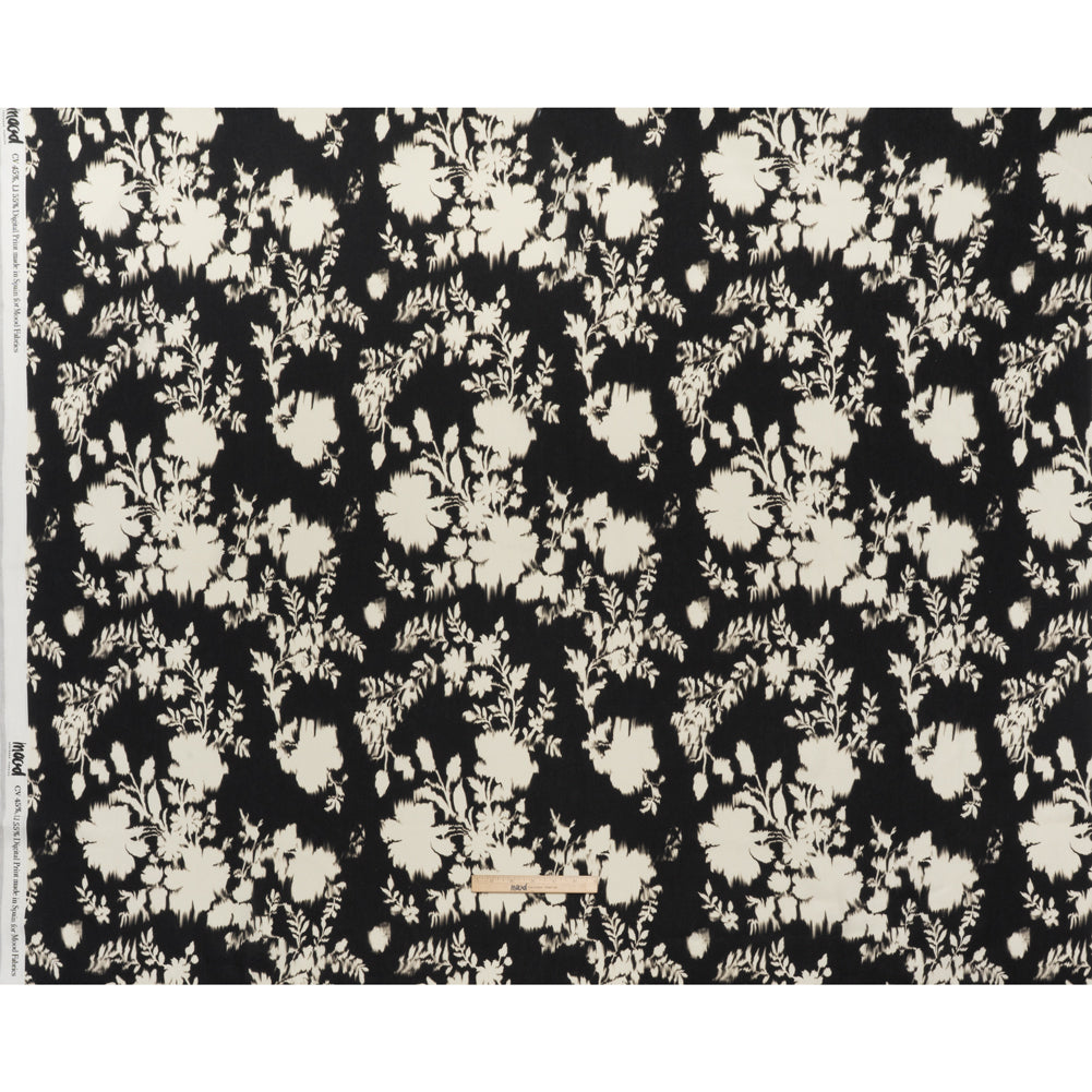 Linen and Rayon Woven - Black and Off White Ikat-Like Floral Silhouettes - Mood Exclusive Dahlia Daydreams Print Linen and Rayon Woven - Black and Off White Ikat-Like Floral Silhouettes - Mood Exclusive Dahlia Daydreams Print