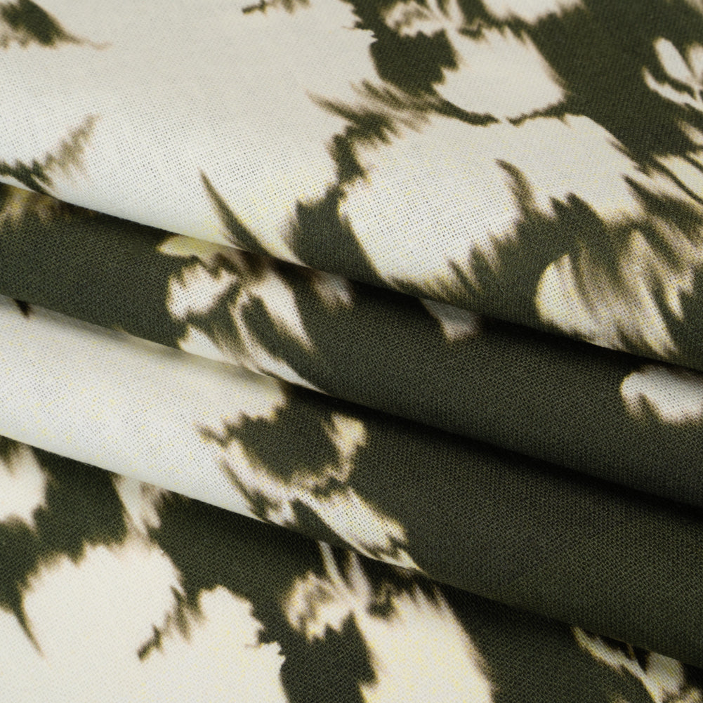 Linen and Rayon Woven - Forest Green and Off White Ikat-Like Floral Silhouettes - Mood Exclusive Dahlia Daydreams Print Linen and Rayon Woven - Forest Green and Off White Ikat-Like Floral Silhouettes - Mood Exclusive Dahlia Daydreams Print