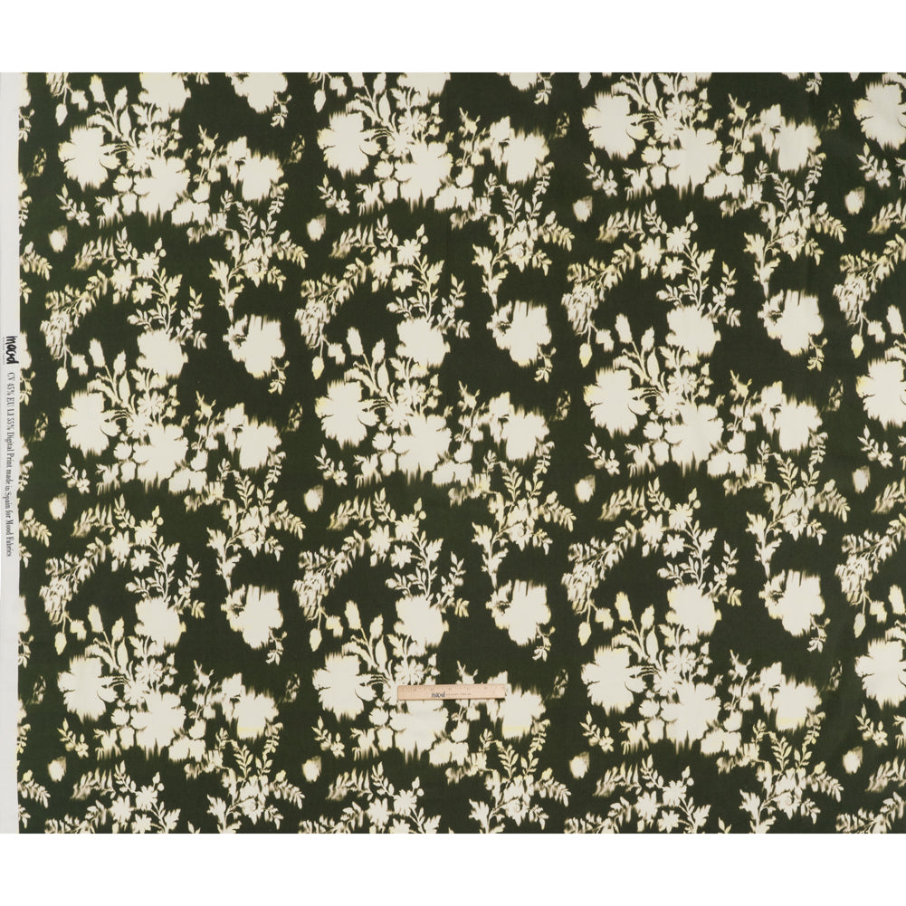 Linen and Rayon Woven - Forest Green and Off White Ikat-Like Floral Silhouettes - Mood Exclusive Dahlia Daydreams Print Linen and Rayon Woven - Forest Green and Off White Ikat-Like Floral Silhouettes - Mood Exclusive Dahlia Daydreams Print