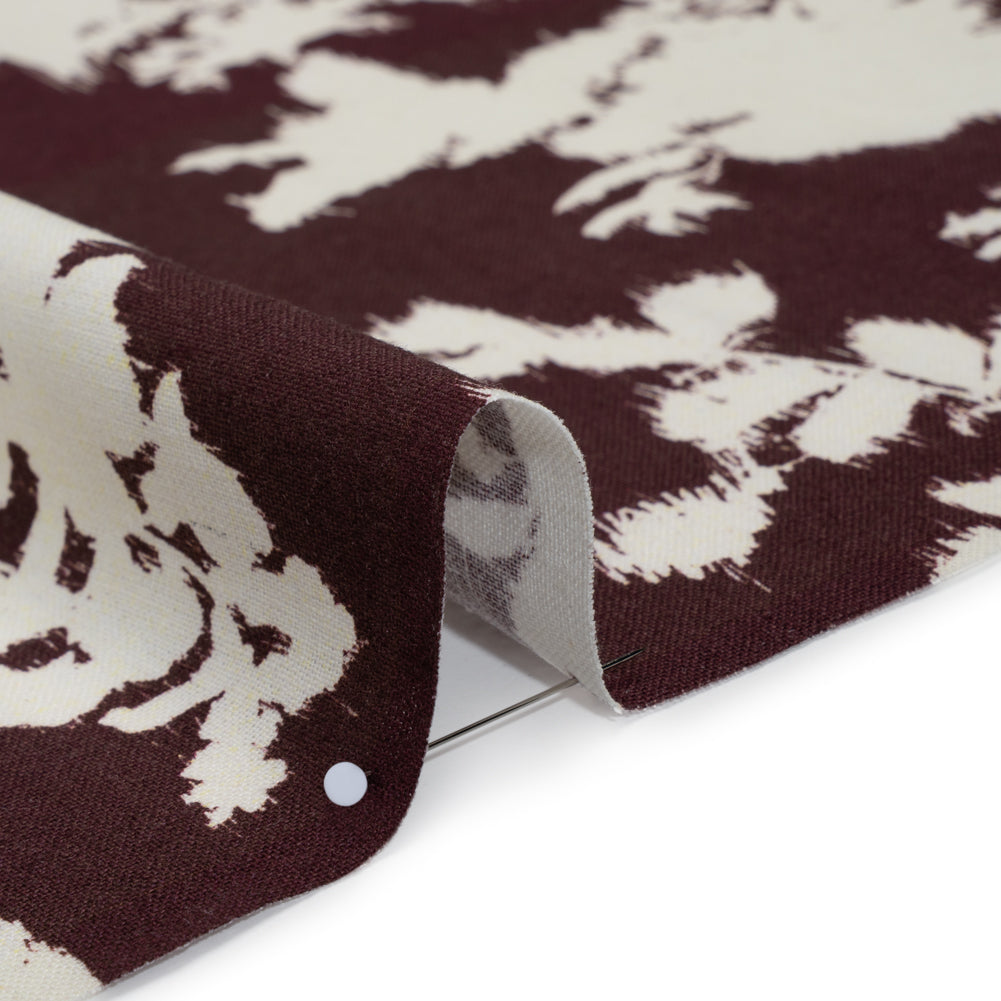 Linen and Rayon Woven - Grape Wine and Off White Ikat-Inspired Floral Silhouettes - Mood Exclusive Summer Sketches Print Linen and Rayon Woven - Grape Wine and Off White Ikat-Inspired Floral Silhouettes - Mood Exclusive Summer Sketches Print
