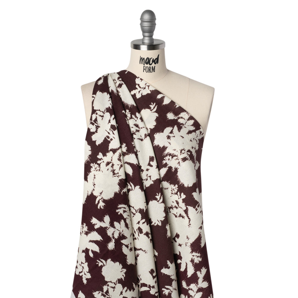 Linen and Rayon Woven - Grape Wine and Off White Ikat-Inspired Floral Silhouettes - Mood Exclusive Summer Sketches Print Linen and Rayon Woven - Grape Wine and Off White Ikat-Inspired Floral Silhouettes - Mood Exclusive Summer Sketches Print