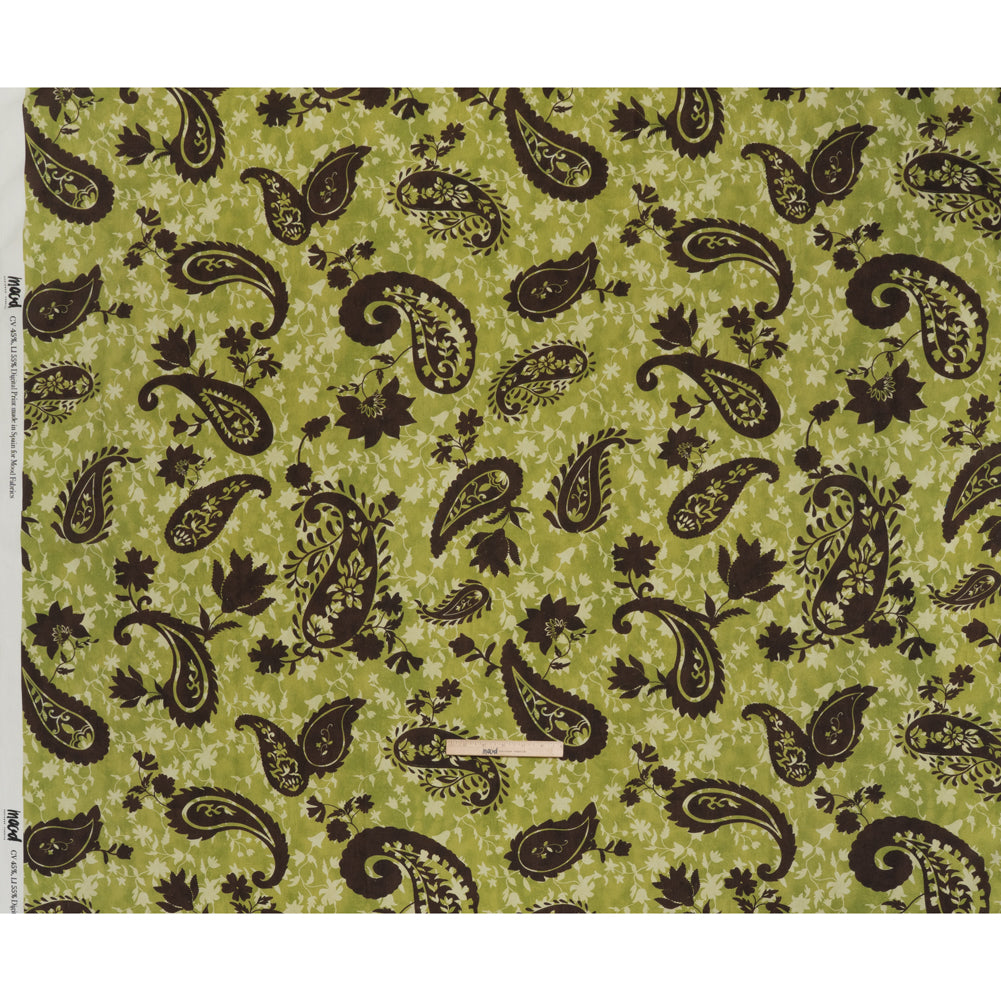 Linen and Rayon Woven - Kiwi Green and Dark Brown Paisley and Vines - Mood Exclusive Groovy Grove Print Linen and Rayon Woven - Kiwi Green and Dark Brown Paisley and Vines - Mood Exclusive Groovy Grove Print