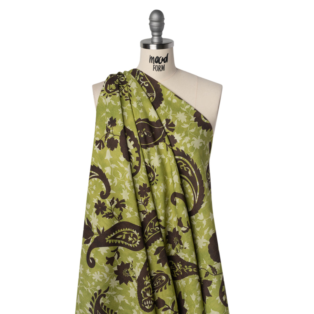 Linen and Rayon Woven - Kiwi Green and Dark Brown Paisley and Vines - Mood Exclusive Groovy Grove Print Linen and Rayon Woven - Kiwi Green and Dark Brown Paisley and Vines - Mood Exclusive Groovy Grove Print