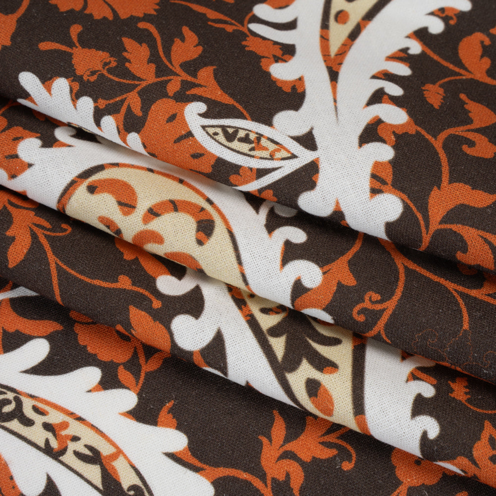 Linen and Rayon Woven - Dark Brown, Pumpkin Orange and White Paisley and Floral Vines - Mood Exclusive Blooming Boogie Print Linen and Rayon Woven - Dark Brown, Pumpkin Orange and White Paisley and Floral Vines - Mood Exclusive Blooming Boogie Print