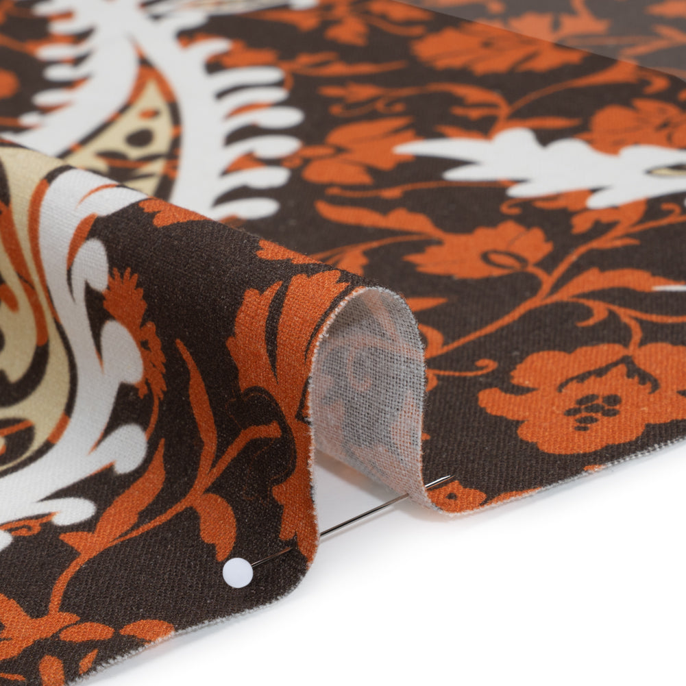 Linen and Rayon Woven - Dark Brown, Pumpkin Orange and White Paisley and Floral Vines - Mood Exclusive Blooming Boogie Print Linen and Rayon Woven - Dark Brown, Pumpkin Orange and White Paisley and Floral Vines - Mood Exclusive Blooming Boogie Print