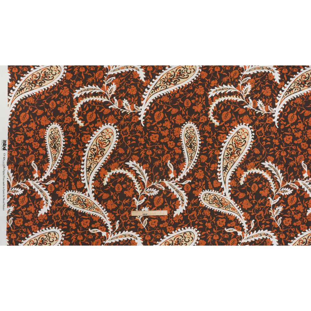 Linen and Rayon Woven - Dark Brown, Pumpkin Orange and White Paisley and Floral Vines - Mood Exclusive Blooming Boogie Print Linen and Rayon Woven - Dark Brown, Pumpkin Orange and White Paisley and Floral Vines - Mood Exclusive Blooming Boogie Print