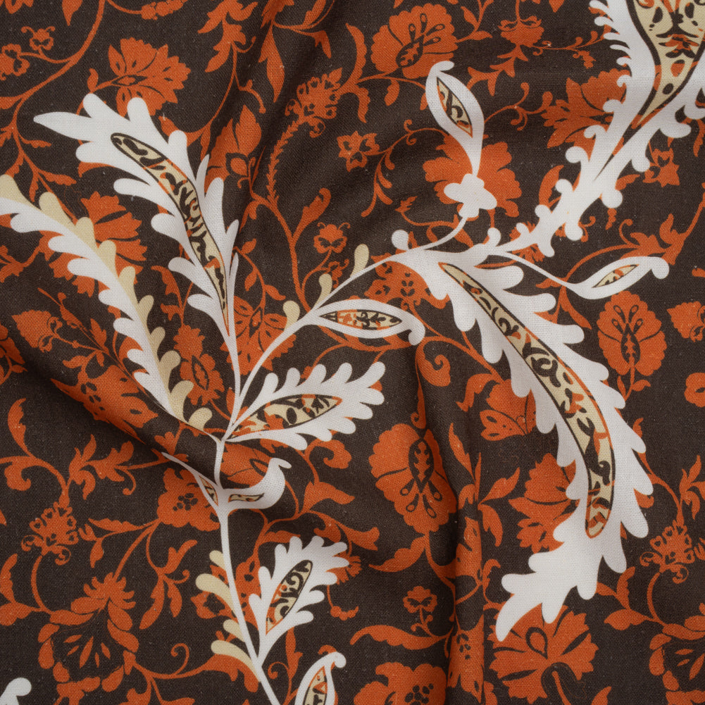 Linen and Rayon Woven - Dark Brown, Pumpkin Orange and White Paisley and Floral Vines - Mood Exclusive Blooming Boogie Print Linen and Rayon Woven - Dark Brown, Pumpkin Orange and White Paisley and Floral Vines - Mood Exclusive Blooming Boogie Print