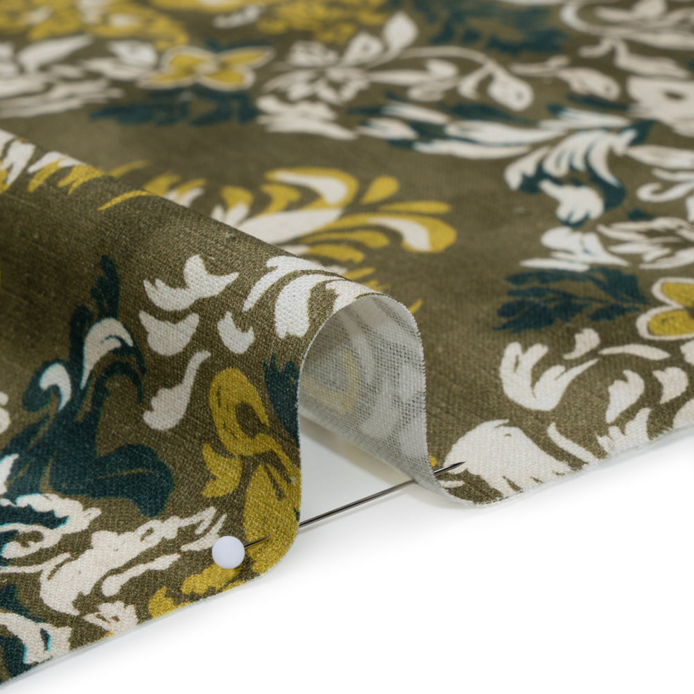 Linen and Rayon Woven - Olive, Lime Green and Cream Floral Diamonds - Mood Exclusive Fleur Filigree Print Linen and Rayon Woven - Olive, Lime Green and Cream Floral Diamonds - Mood Exclusive Fleur Filigree Print