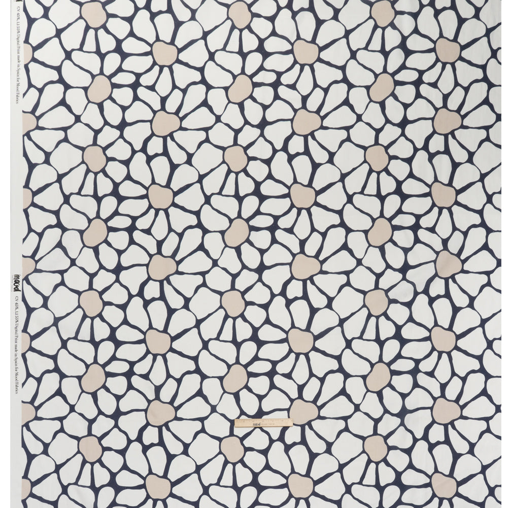 Linen and Rayon Woven - Dark Blue, White and Beige Abstract Daisies - Mood Exclusive Dilly-Dally Daisies Print - Full Linen and Rayon Woven - Dark Blue, White and Beige Abstract Daisies - Mood Exclusive Dilly-Dally Daisies Print - Full