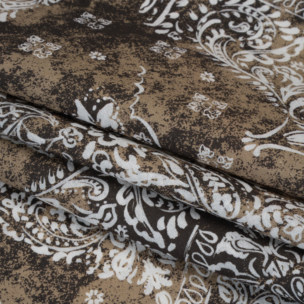 Linen and Rayon Woven - Dark Brown, Beige and White Floral Patches - Mood Exclusive Earthly Envy Print Linen and Rayon Woven - Dark Brown, Beige and White Floral Patches - Mood Exclusive Earthly Envy Print
