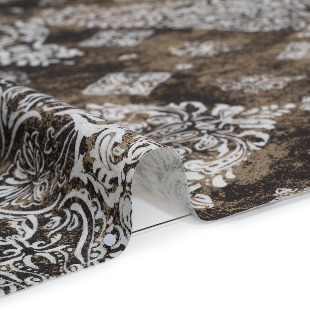 Linen and Rayon Woven - Dark Brown, Beige and White Floral Patches - Mood Exclusive Earthly Envy Print Linen and Rayon Woven - Dark Brown, Beige and White Floral Patches - Mood Exclusive Earthly Envy Print