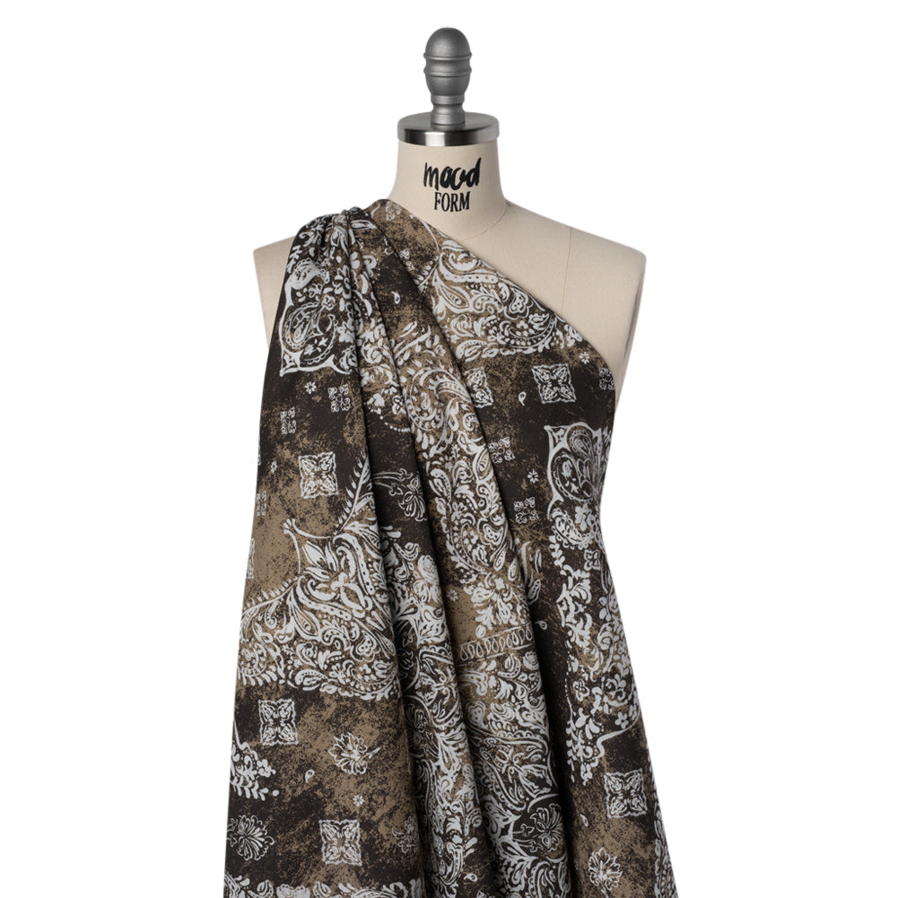 Linen and Rayon Woven - Dark Brown, Beige and White Floral Patches - Mood Exclusive Earthly Envy Print Linen and Rayon Woven - Dark Brown, Beige and White Floral Patches - Mood Exclusive Earthly Envy Print