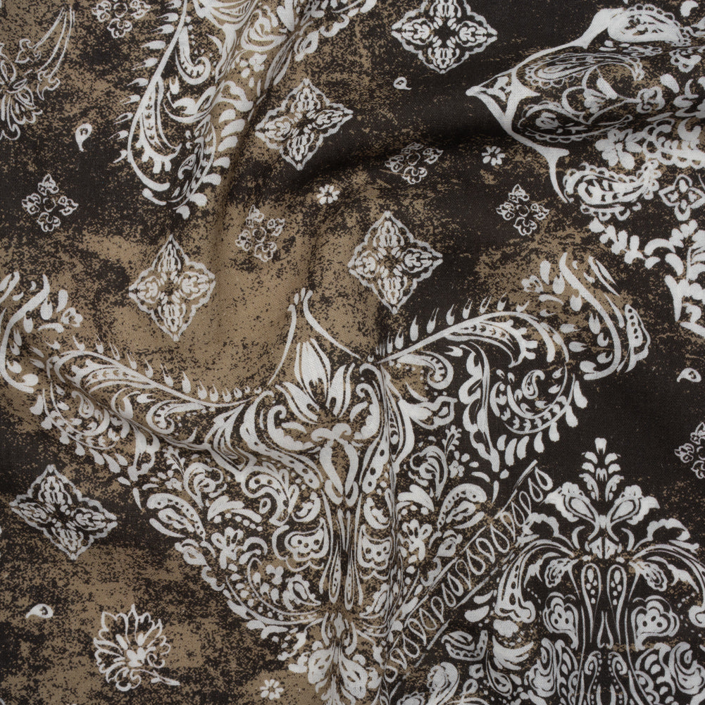 Linen and Rayon Woven - Dark Brown, Beige and White Floral Patches - Mood Exclusive Earthly Envy Print Linen and Rayon Woven - Dark Brown, Beige and White Floral Patches - Mood Exclusive Earthly Envy Print