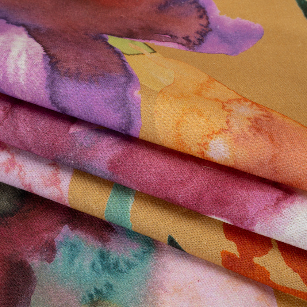 Linen and Rayon Woven - Yellow Ochre, Pink and Purple Watercolor Florals - Mood Exclusive Watercolor Whimsy Print Linen and Rayon Woven - Yellow Ochre, Pink and Purple Watercolor Florals - Mood Exclusive Watercolor Whimsy Print