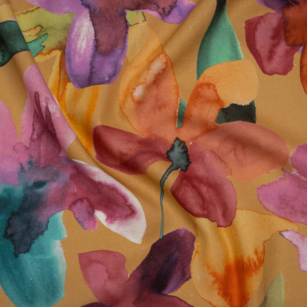 Linen and Rayon Woven - Yellow Ochre, Pink and Purple Watercolor Florals - Mood Exclusive Watercolor Whimsy Print Linen and Rayon Woven - Yellow Ochre, Pink and Purple Watercolor Florals - Mood Exclusive Watercolor Whimsy Print