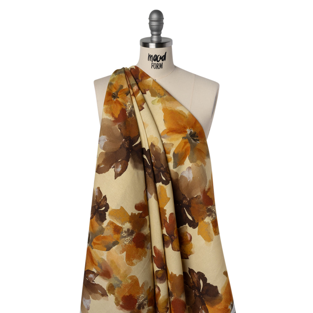 Linen and Rayon Woven - Pale Yellow, Burnt Orange and Brick Painterly Florals - Mood Exclusive Sunwashed Serenade Print Linen and Rayon Woven - Pale Yellow, Burnt Orange and Brick Painterly Florals - Mood Exclusive Sunwashed Serenade Print