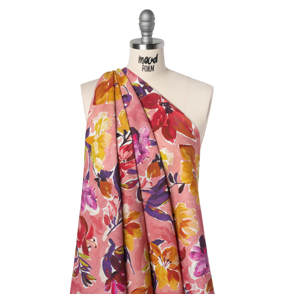 Linen and Rayon Woven - Dusty Rose, Golden Yellow and Dark Purple Painted Flowers - Mood Exclusive Brushstroke Blooms Print - Drape Linen and Rayon Woven - Dusty Rose, Golden Yellow and Dark Purple Painted Flowers - Mood Exclusive Brushstroke Blooms Print - Drape