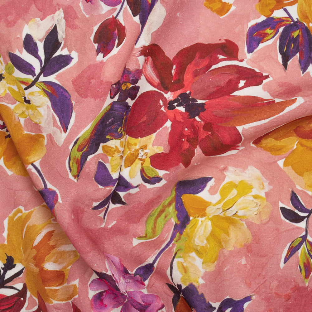 Linen and Rayon Woven - Dusty Rose, Golden Yellow and Dark Purple Painted Flowers - Mood Exclusive Brushstroke Blooms Print Linen and Rayon Woven - Dusty Rose, Golden Yellow and Dark Purple Painted Flowers - Mood Exclusive Brushstroke Blooms Print