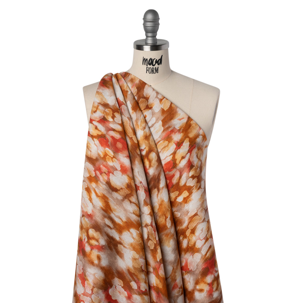 Linen and Rayon Woven - Burnt Orange, Coral Red and White Cloudy Spots - Mood Exclusive Mottled Mists Print Drape Linen and Rayon Woven - Burnt Orange, Coral Red and White Cloudy Spots - Mood Exclusive Mottled Mists Print Drape