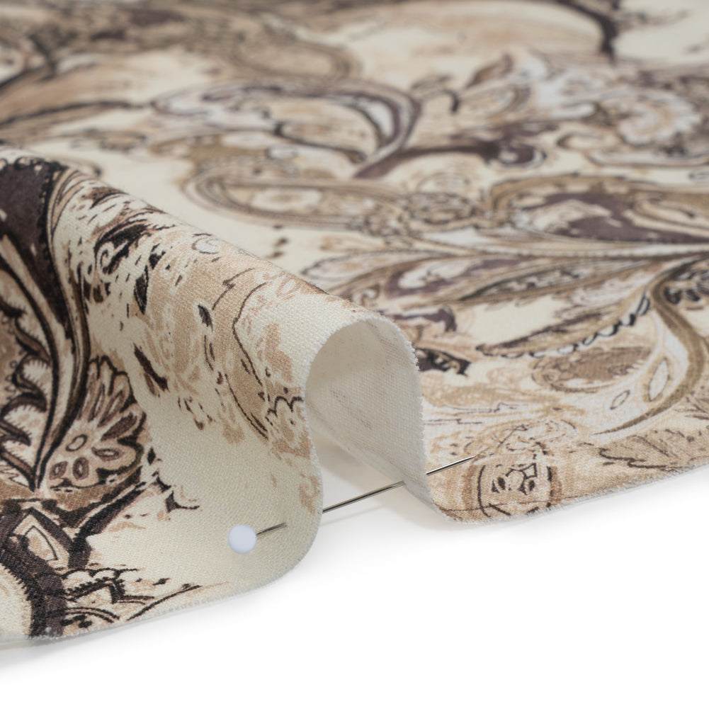 Linen and Rayon Woven - Brown, Beige and Cream Leafy Paisley Sketches - Mood Exclusive Daydream Doodles Print Detail Linen and Rayon Woven - Brown, Beige and Cream Leafy Paisley Sketches - Mood Exclusive Daydream Doodles Print Detail