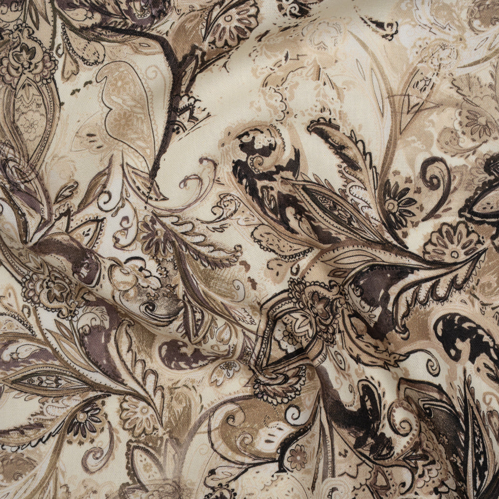 Linen and Rayon Woven - Brown, Beige and Cream Leafy Paisley Sketches - Mood Exclusive Daydream Doodles Print Linen and Rayon Woven - Brown, Beige and Cream Leafy Paisley Sketches - Mood Exclusive Daydream Doodles Print
