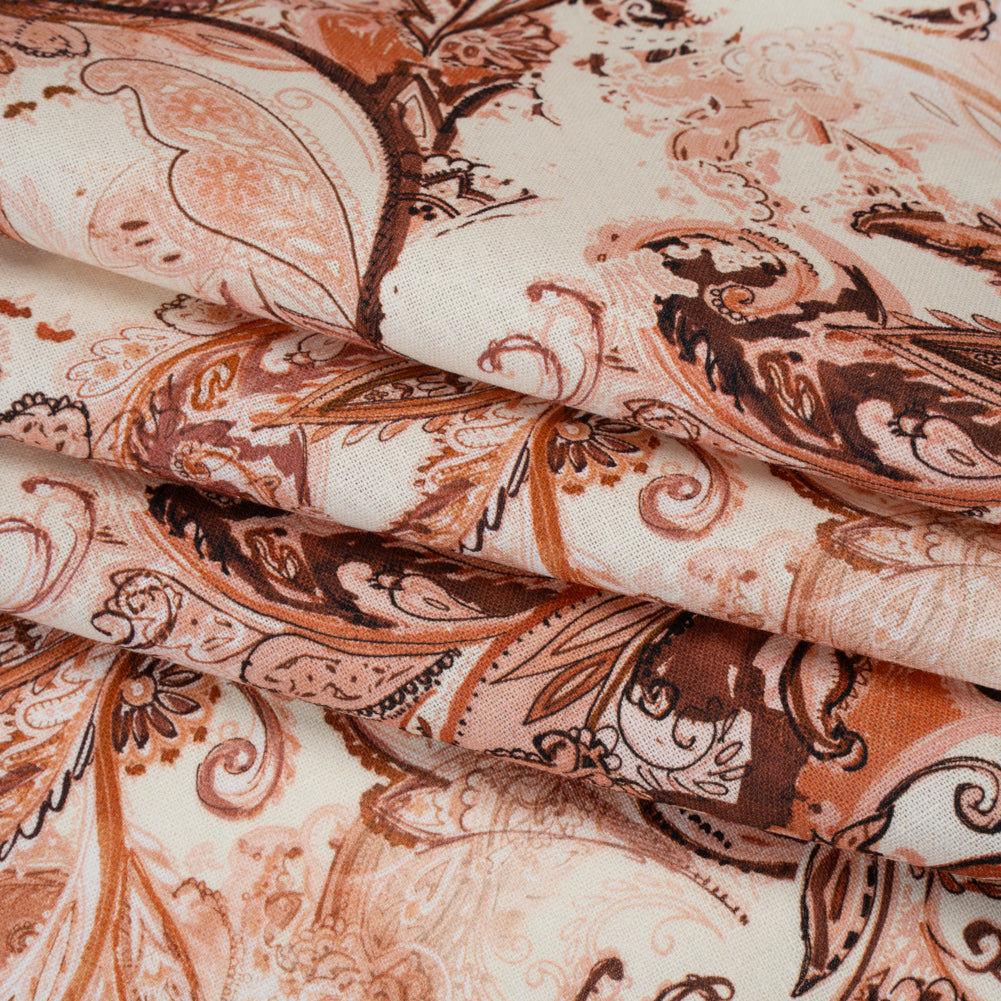 Linen and Rayon Woven - Orange, Muted Red and Cream Leafy Paisley Sketches - Mood Exclusive Daydream Doodles Print Folded Linen and Rayon Woven - Orange, Muted Red and Cream Leafy Paisley Sketches - Mood Exclusive Daydream Doodles Print Folded