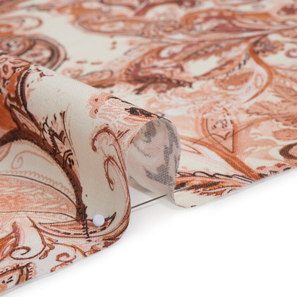 Linen and Rayon Woven - Orange, Muted Red and Cream Leafy Paisley Sketches - Mood Exclusive Daydream Doodles Print Detail Linen and Rayon Woven - Orange, Muted Red and Cream Leafy Paisley Sketches - Mood Exclusive Daydream Doodles Print Detail
