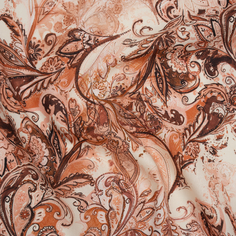 Linen and Rayon Woven - Orange, Muted Red and Cream Leafy Paisley Sketches - Mood Exclusive Daydream Doodles Print Linen and Rayon Woven - Orange, Muted Red and Cream Leafy Paisley Sketches - Mood Exclusive Daydream Doodles Print