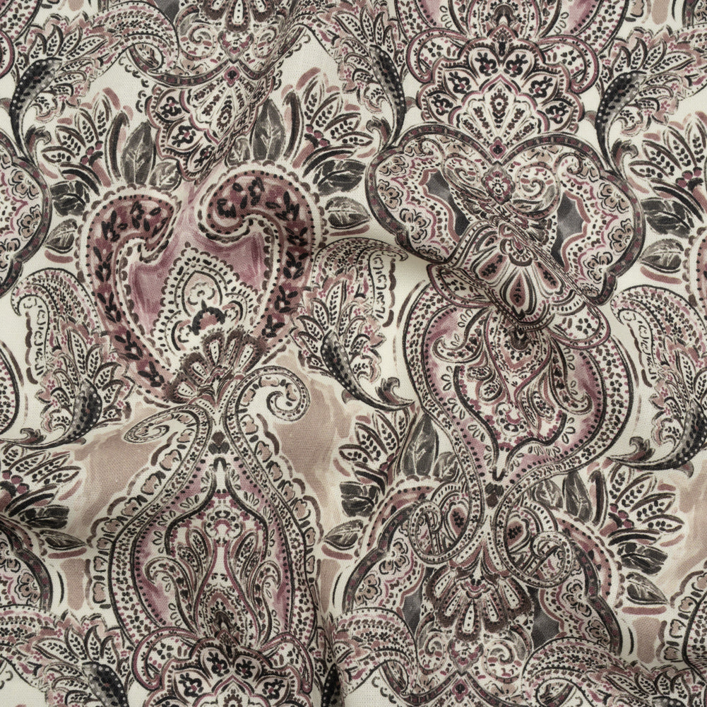 Linen and Rayon Woven - Dark Gray, Beige and Dusty Pink Ornate Paisley and Floral - Mood Exclusive Boheme Blooms Print Linen and Rayon Woven - Dark Gray, Beige and Dusty Pink Ornate Paisley and Floral - Mood Exclusive Boheme Blooms Print