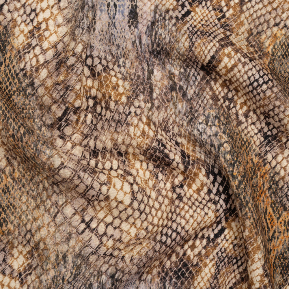Linen and Rayon Woven - Beige, Orange and Pale Purple Snakeskin - Mood Exclusive Ouroborous Print Linen and Rayon Woven - Beige, Orange and Pale Purple Snakeskin - Mood Exclusive Ouroborous Print