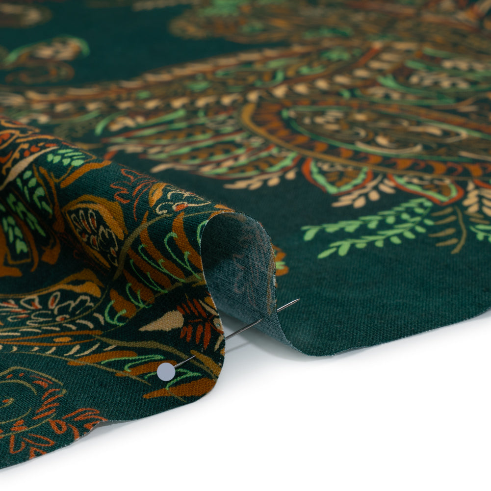 Linen and Rayon Woven - Dark Green, Olive and Burn Orange Paisley Floral - Mood Exclusive Lush Labyrinth Print Detail Linen and Rayon Woven - Dark Green, Olive and Burn Orange Paisley Floral - Mood Exclusive Lush Labyrinth Print Detail