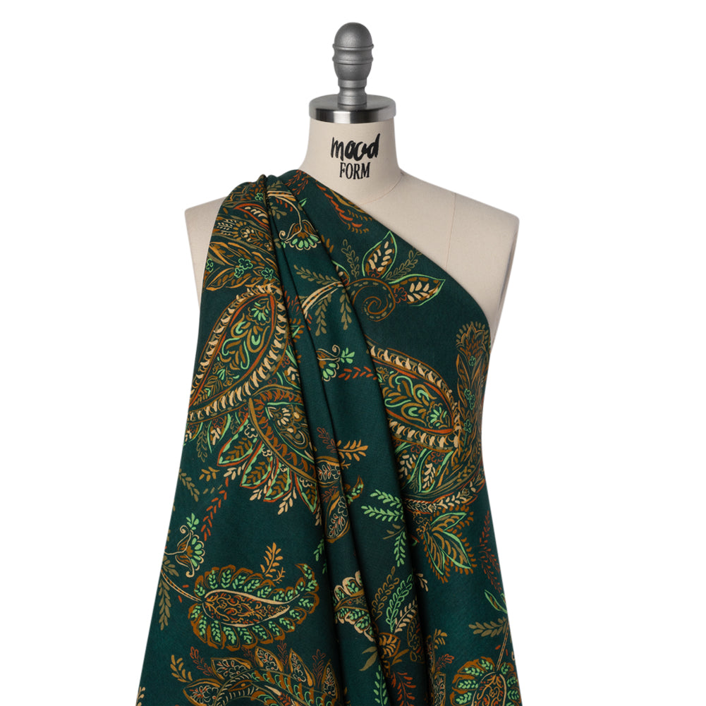 Linen and Rayon Woven - Dark Green, Olive and Burn Orange Paisley Floral - Mood Exclusive Lush Labyrinth Print Drape Linen and Rayon Woven - Dark Green, Olive and Burn Orange Paisley Floral - Mood Exclusive Lush Labyrinth Print Drape