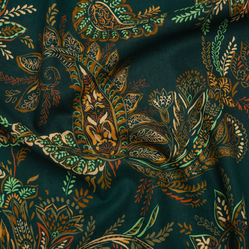 Linen and Rayon Woven - Dark Green, Olive and Burn Orange Paisley Floral - Mood Exclusive Lush Labyrinth Print Linen and Rayon Woven - Dark Green, Olive and Burn Orange Paisley Floral - Mood Exclusive Lush Labyrinth Print